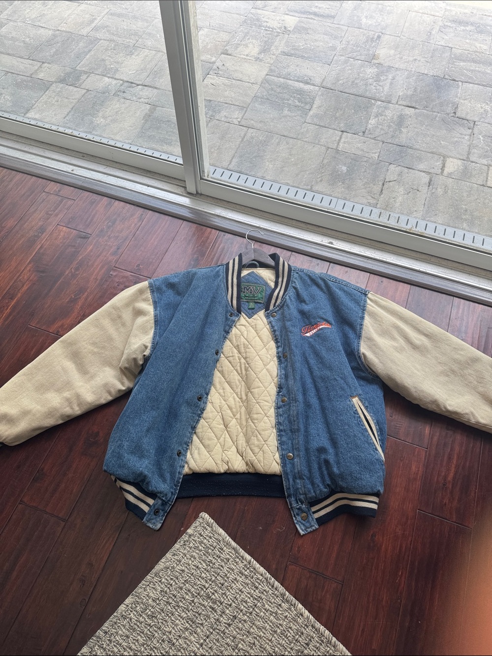 MV Sport Blue Denim and Cream-Sleeve Varsity Bomber Jacket